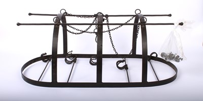 Lot 596 - A wrought iron kitchen hanging pot rack, 35 x...