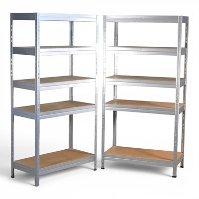 Lot 326 - A pair of metal shelving units, with chipboard...