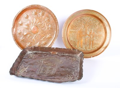 Lot 195 - Three Arts & Craft copper trays, one depicting...