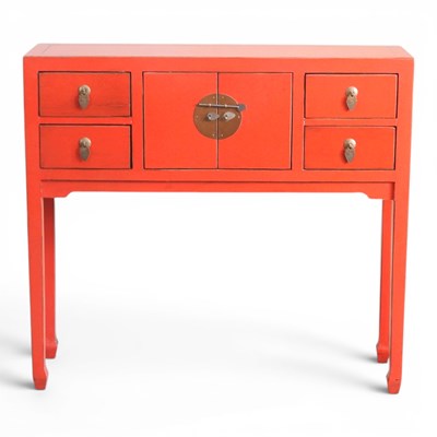 Lot 227 - A Chinese red lacquered side cabinet, on...