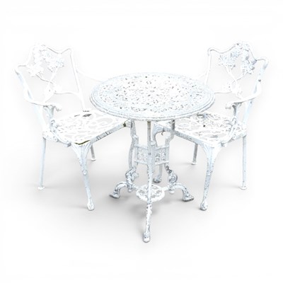 Lot 395 - A white painted metal garden table, together...