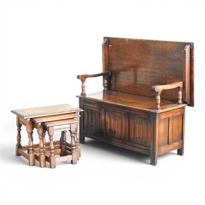 Lot 472 - A mid 20th century oak monk's bench, with...