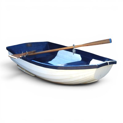 Lot 14 - A royal blue and white fibreglass rowing boat,...