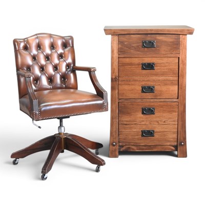 Lot 232 - A brown leather button back swivel desk chair,...