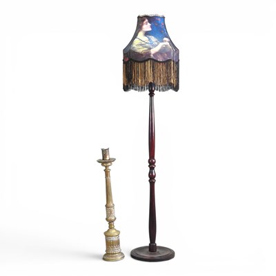 Lot 474 - A turned wooden standard lamp, with an Art...