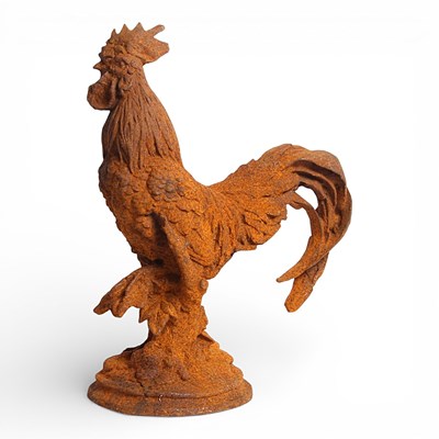 Lot 636 - A rusted metal model of a cockerel, 43cm high