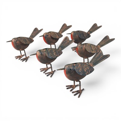 Lot 229 - A set of six painted tin models of robins,...