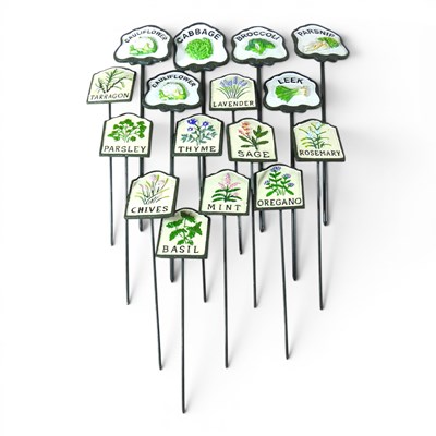 Lot 582 - A set of ten metal herb markers, 28cm high...