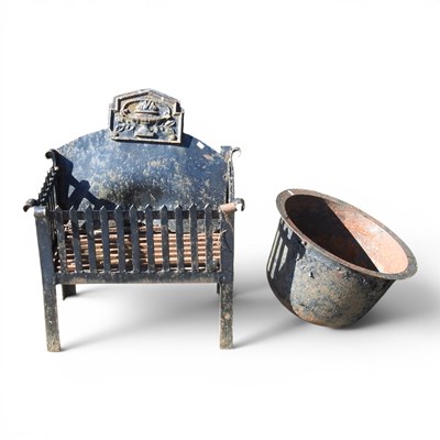 Lot 473 - An iron fire basket, 54cm wide, together with...