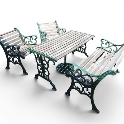 Lot 304 - A green painted cast iron garden table, with a...