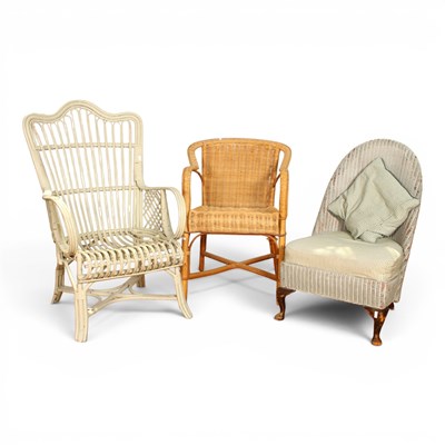 Lot 586 - A white painted wicker armchair, together with...