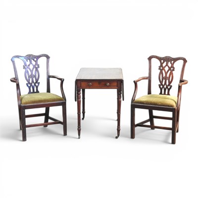 Lot 587 - A pair of George III mahogany elbow chairs,...
