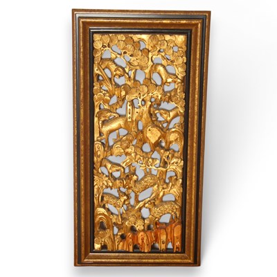Lot 267 - A Chinese gilt relief fret carved panel