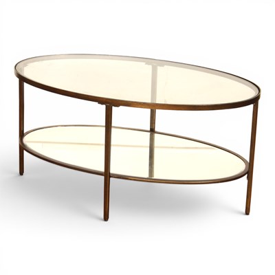 Lot 753 - An oval glass and metal coffee table, 90x50cm