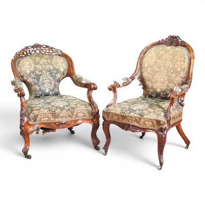 Lot 573 - A Victorian upholstered show frame armchair,...