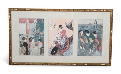 Lot 663 - A Japanese triptych print, H:175cm W:48cm D:50cm