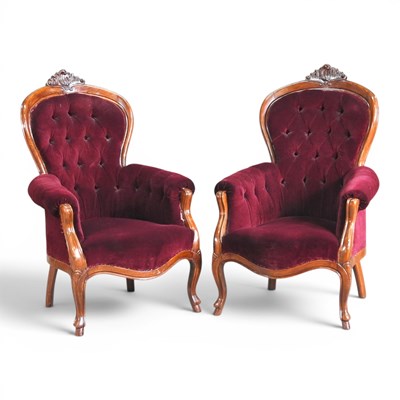 Lot 329 - A pair of Victorian style red upholstered show...