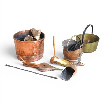 Lot 691 - A copper log basket, 45cm diameter, together...