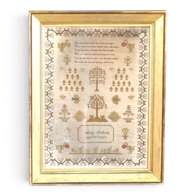 Lot 101 - A 19th century needlework pictorial sampler,...