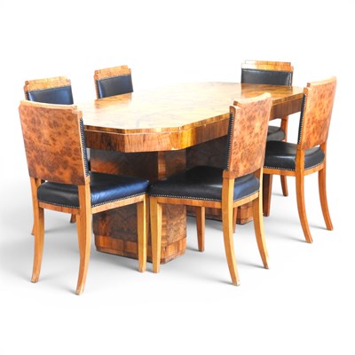 Lot 714 - An Art Deco burr walnut dining set, comprising...