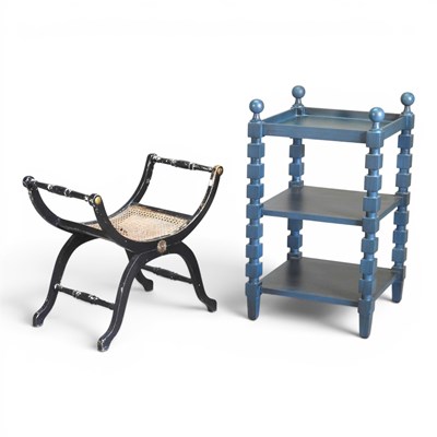 Lot 225 - A Regency style ebonised X-frame stool, with a...