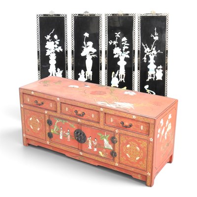 Lot 440 - A Chinese Shanxi style red lacquered and...