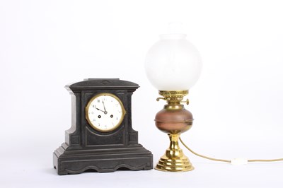 Lot 943 - A Victorian black slate mantel clock and a...