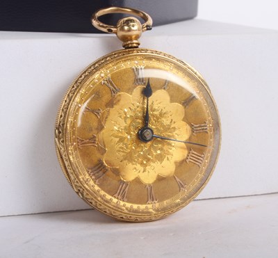 Lot 3 - An 18 carat gold pocket watch, the ornate dial...