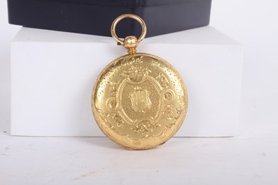 Lot 3 - An 18 carat gold pocket watch, the ornate dial...