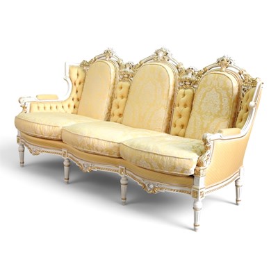 Lot 92 - A French style cream painted bergere sofa,...