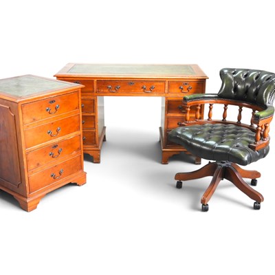 Lot 395 - A reproduction yew pedestal desk, 122cm wide,...