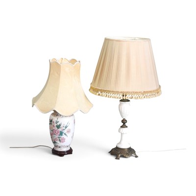 Lot 394 - A large brass mounted alabaster table lamp and...