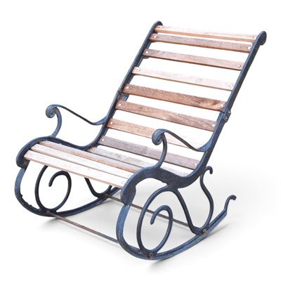Lot 129 - An iron garden rocking chair, with a slatted...
