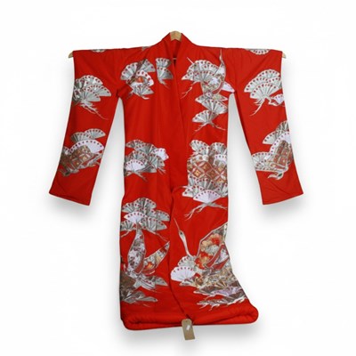 Lot 241 - A red kimono with white, silver, gold, bronze...