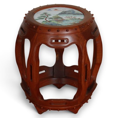 Lot 723 - A Chinese hardwood and porcelain stool with...