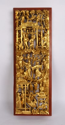 Lot 290 - A Chinese carved giltwood panel, 66 x 24 x 7cm
