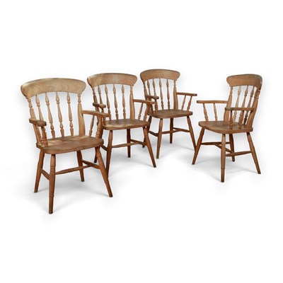 Lot 804 - A set of four beech farmhouse kitchen chairs,...