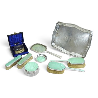 Lot 33 - An Art Deco silver and green guilloche enamel...