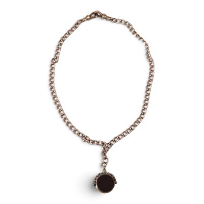Lot 48 - An antique 9 carat gold fob chain, suspended...
