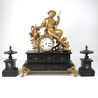 Lot 73 - A 19th century French black slate clock garniture