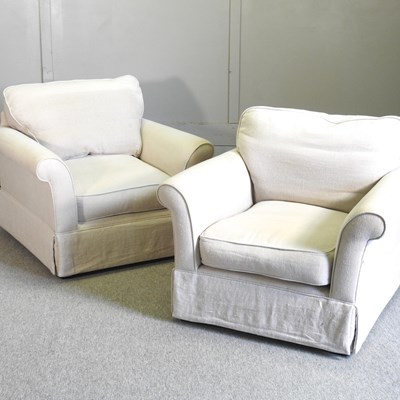 Lot 440 - A pair of white linen upholstered armchairs