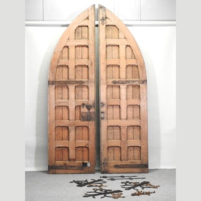 Lot 19 - A pair of large antique pitch pine gothic style doors