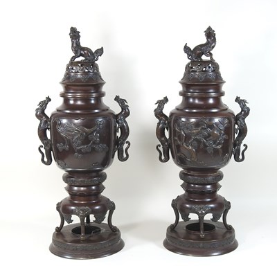 Lot 3 - A pair of early 20th century Chinese bronze pot potpourri vases and covers