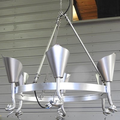 Lot 70 - A pair of silver painted iron chandeliers